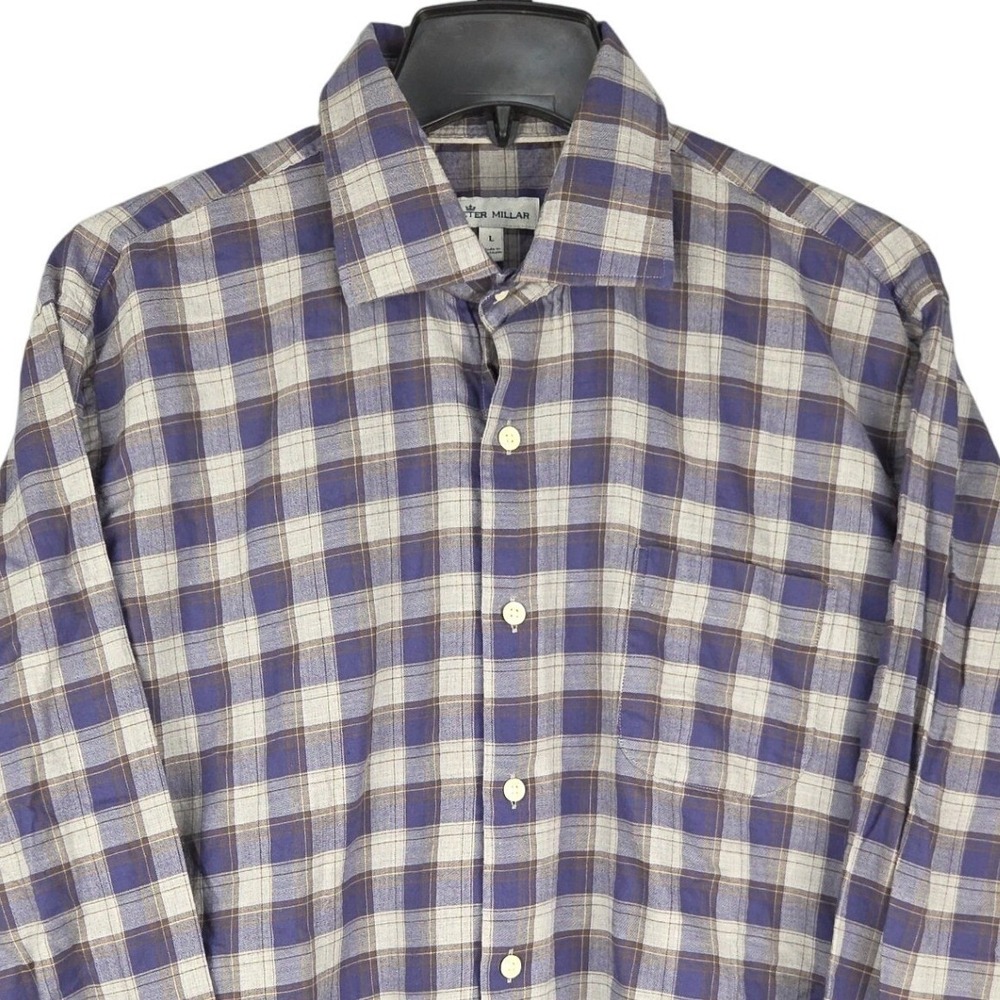 Peter Millar Button Down Shirt Mens Large Blue Tan Plaid Long Sleeve Casual